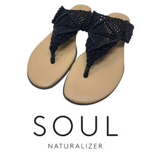 Soul by Naturalizer Relax Sz 9.5 Black Macrame Woven Thong Sandals Flip Flops